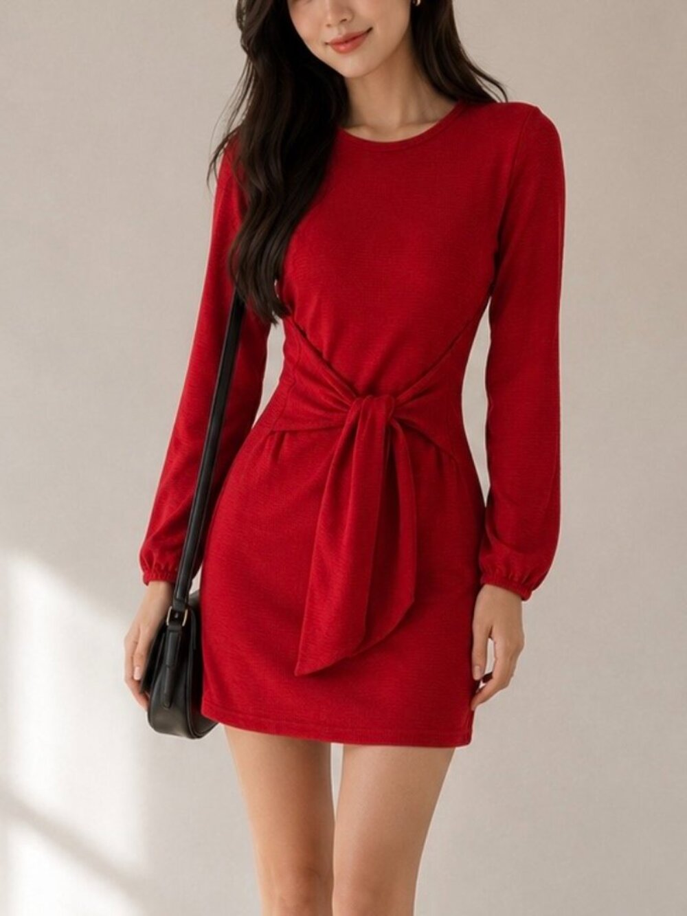 Fashion Womens Long Sleeve Knit Belted Tie Front Mini Dress Red Size M